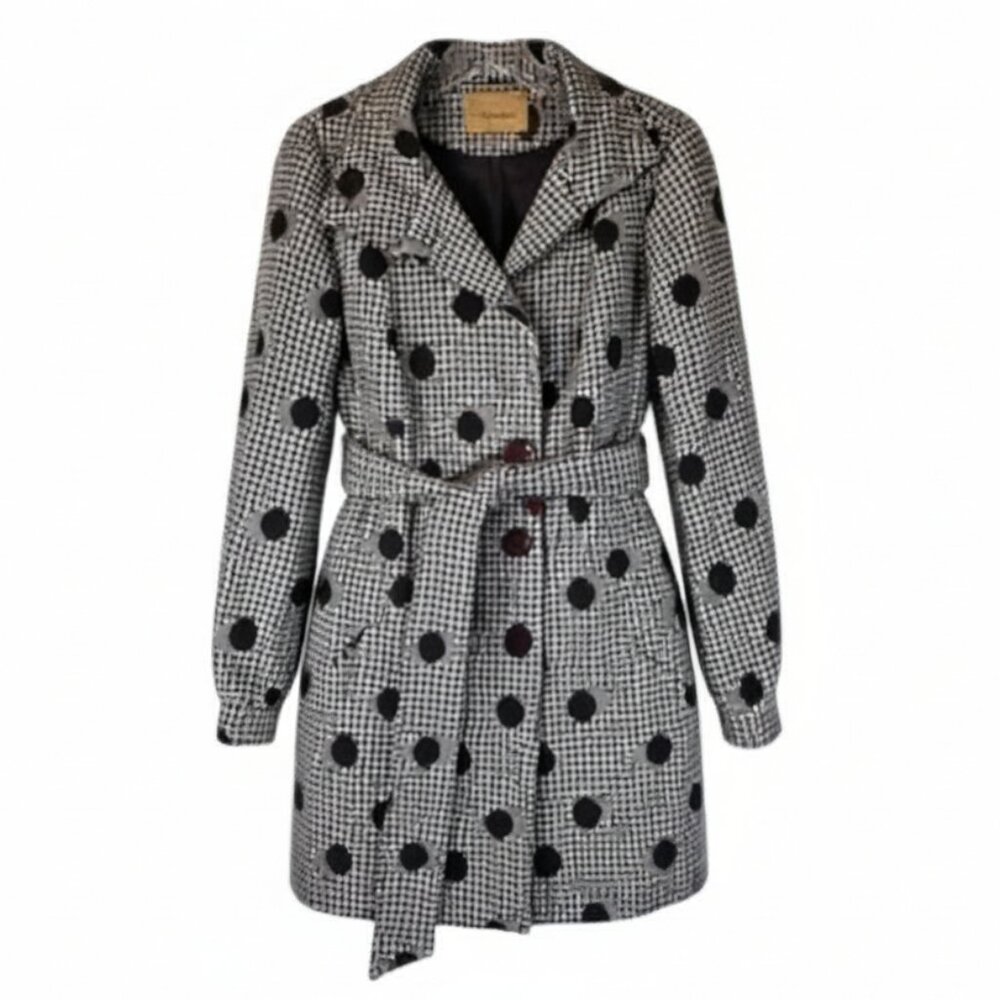 Final Touch Women’s Wool Belted Coat S Brown Houndstooth Polka Dot Vintage Style
